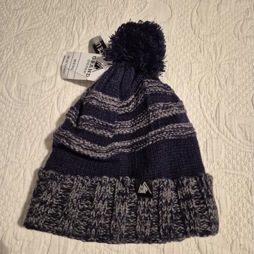 Grand Sierra men's One Size black and gray fleece lined winter hat NWT